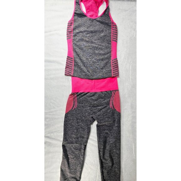 New Mix Racer Back Tank Top Workout Pant Set - Pink and Grey - One Size - Picture 1 of 9